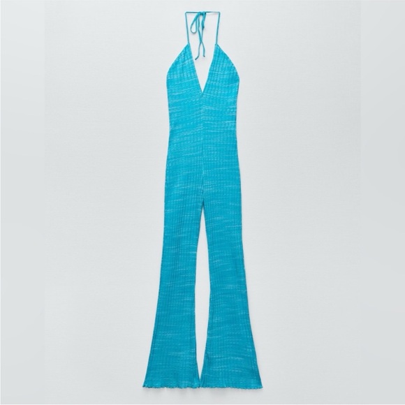 ZARA Ribbed Halter Jumpsuit in Turquoise Blue, Size Medium - Picture 9 of 16
